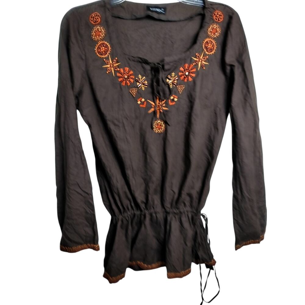 5518)Vitrin Brown Embroidery Beaded Boho Peasant  Tie Front Tunic Top EU44/US L
